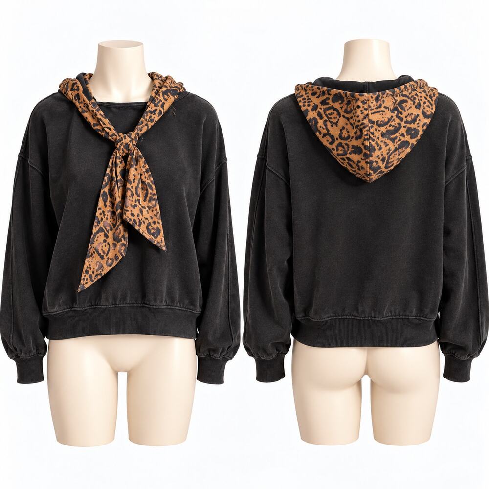 Free People Headscarf Hoodie Black Leopard Print Sweatshirt Women's M